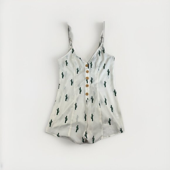 Show Me Your Mumu Remy Romper White/Cream Green Cactus AOP Button Size Small - Picture 1 of 16